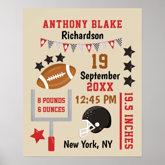 Personalized Football Baby Boy Birth Stats Record Poster (Front)