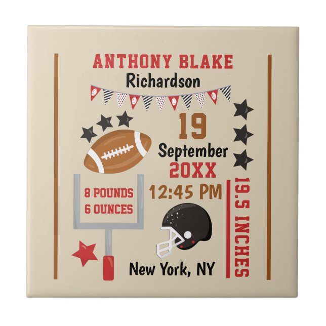Personalized Football Baby Boy Birth Stats Record Tile (Front)
