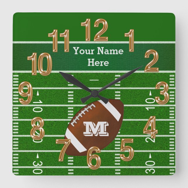 Personalized Football Clocks, Your Name, Monogram Square Wall Clock (Front)