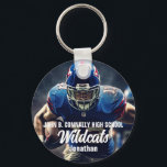 Personalized Football Player Photo High School Keychain<br><div class="desc">This cool customized high school football player photo keychain features white typography of your team and player name. Personalize with the mascot type and a 2nd athlete photograph on the back.</div>