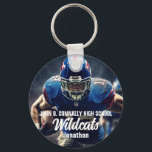 Personalized Football Player Photo High School Keychain<br><div class="desc">This cool customized high school football player photo keychain features white typography of your team and player name. Personalize with the mascot type and a 2nd athlete photograph on the back.</div>