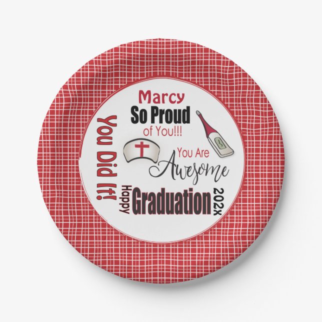 Personalized for Her Red Plaid Nurse Graduation  Paper Plate (Front)