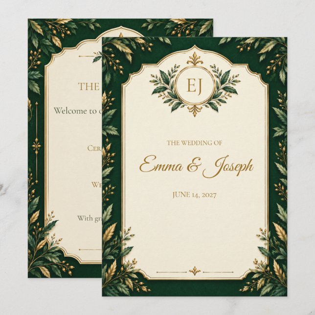 Personalized Forest Green Gold Wedding program (Front/Back)