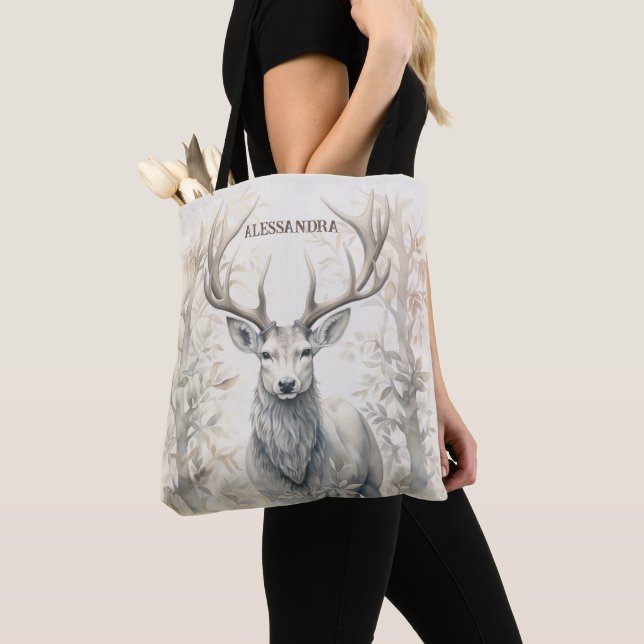 Personalized Forest Stag Tote Bag Nature-Inspired  (Close Up)