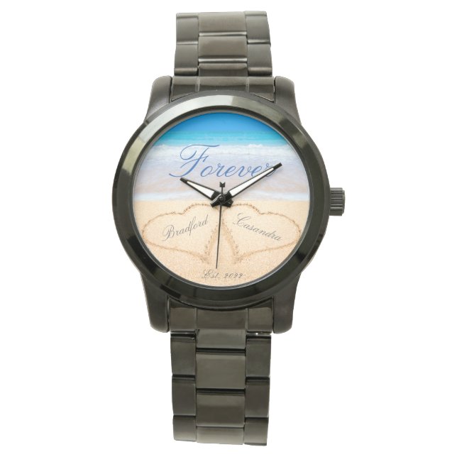  Personalized Forever Hearts in Sand Beach Wedding Watch (Front)