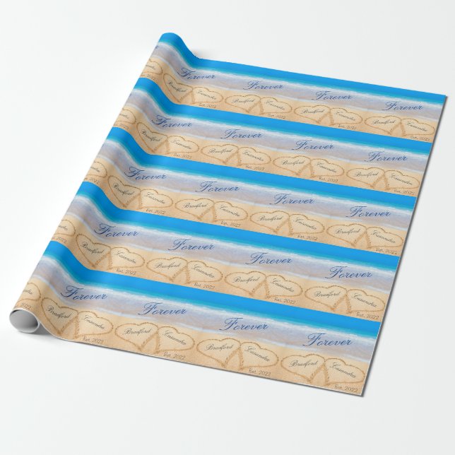 Personalized Forever | Hearts in Sand Beach  Wrapping Paper (Unrolled)