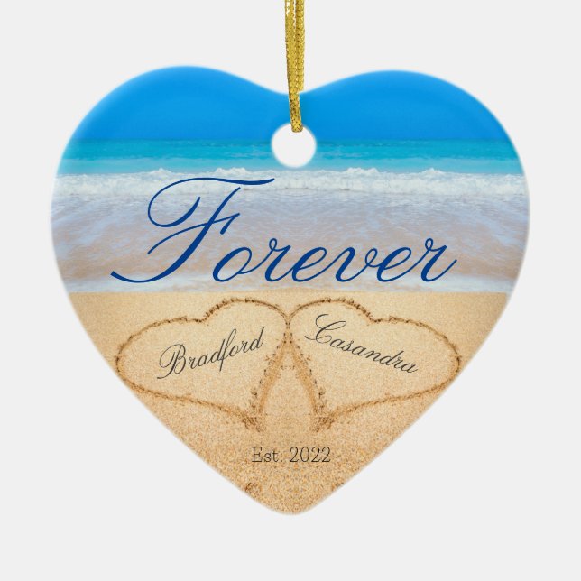 Personalized Forever | Hearts in Sand  Ceramic Orn Ceramic Ornament (Front)