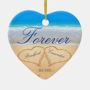 Personalized Forever   Hearts in Sand  Ceramic Orn Ornament