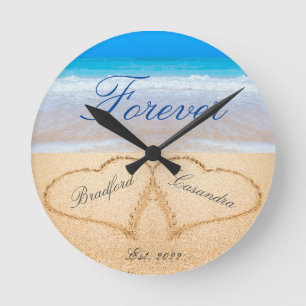 Personalized Forever   Hearts in Sand  Wedding Round Clock