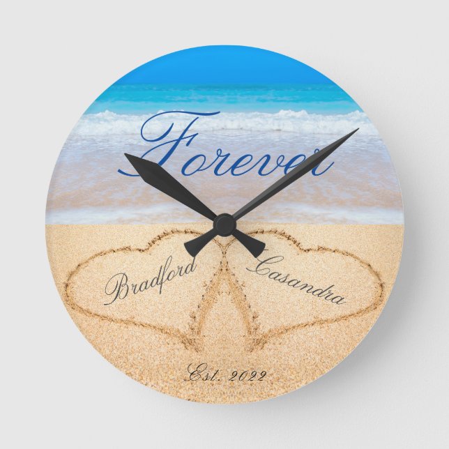 Personalized Forever | Hearts in Sand  Wedding Round Clock (Front)