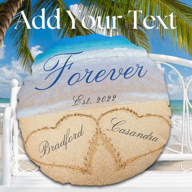 Personalized Forever | Hearts in Sand  Wedding Thr Round Pillow (Creator Uploaded)