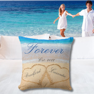 Personalized Forever   Hearts in Sand  Wedding Throw Pillow