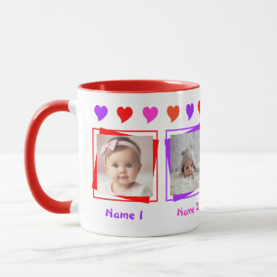 Personalized Four Photos, Colourful Hearts, Family Mug