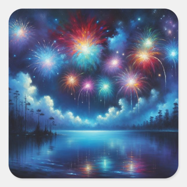 Personalized Fourth of July Fireworks Square Sticker (Front)