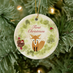 Personalized Fox and Wreath Baby's First Christmas Ceramic Ornament