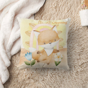 Personalized Fox, Baby Animals, Boho, Rainbow Throw Pillow