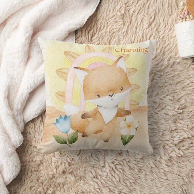 Personalized Fox, Baby Animals, Boho, Rainbow  Throw Pillow (Blanket)