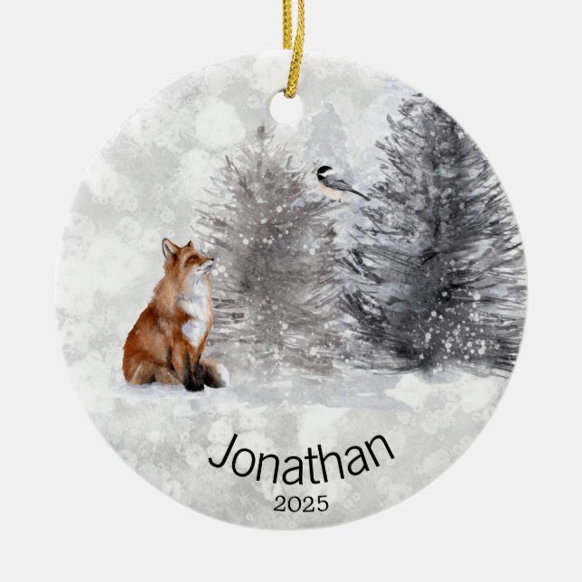 Personalized Fox Bird Winter Cabin   Ceramic Ornament (Front)