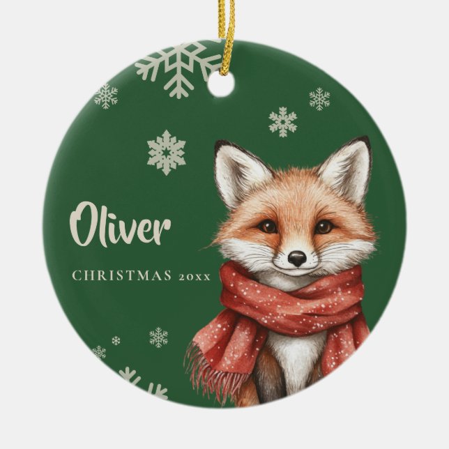 Personalized Fox Christmas Ornament with Snowflake (Front)