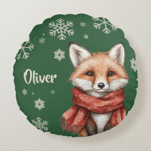Personalized Fox Christmas Snowflake Round Pillow