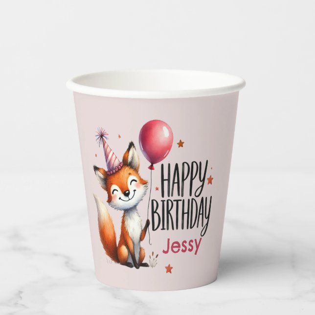Personalized Fox Happy Birthday Paper Cups (Front)