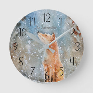 Personalized Fox Winter Scene Round Clock