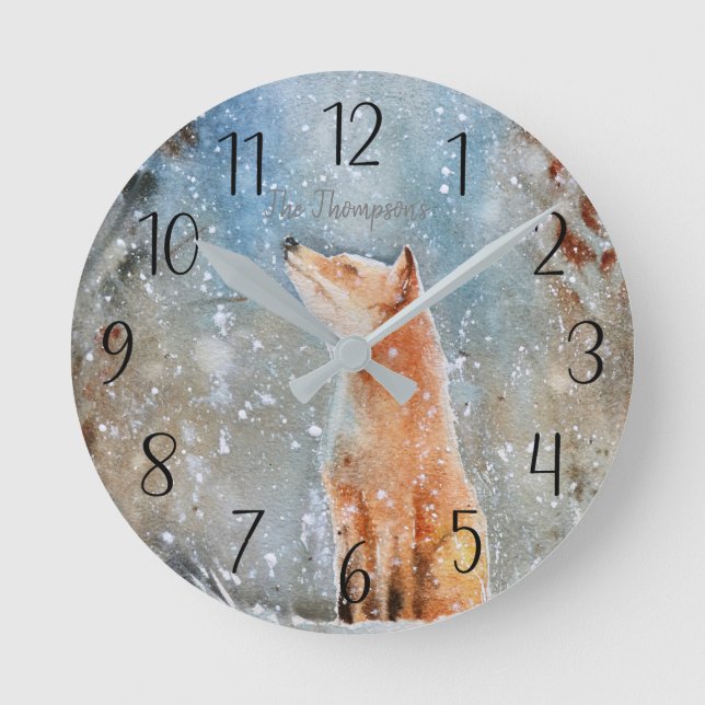 Personalized Fox Winter Scene Round Clock (Front)