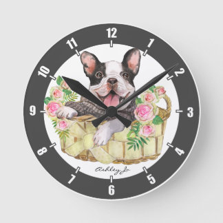 Personalized French Bulldog Floral Basket Round Clock