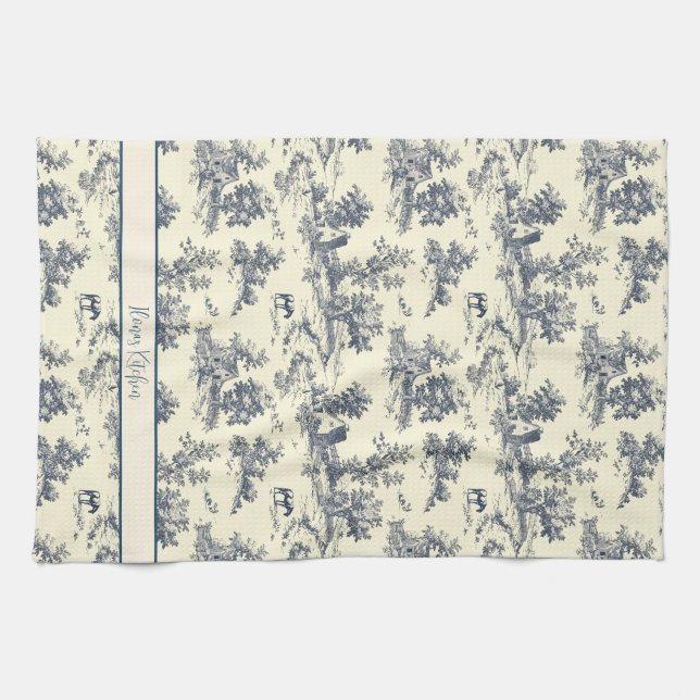 Personalized French Farmhouse Blue "Toile de Jouy" Kitchen Towel (Horizontal)