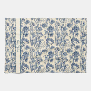 Personalized French Farmhouse Blue Toile Print Kitchen Towel