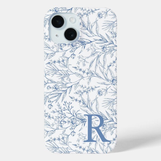 Personalized French Floral Toile Blue Monogram Case-Mate iPhone Case (Back)