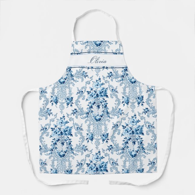 Personalized French Rococo Blue & White Floral Apron (Front)
