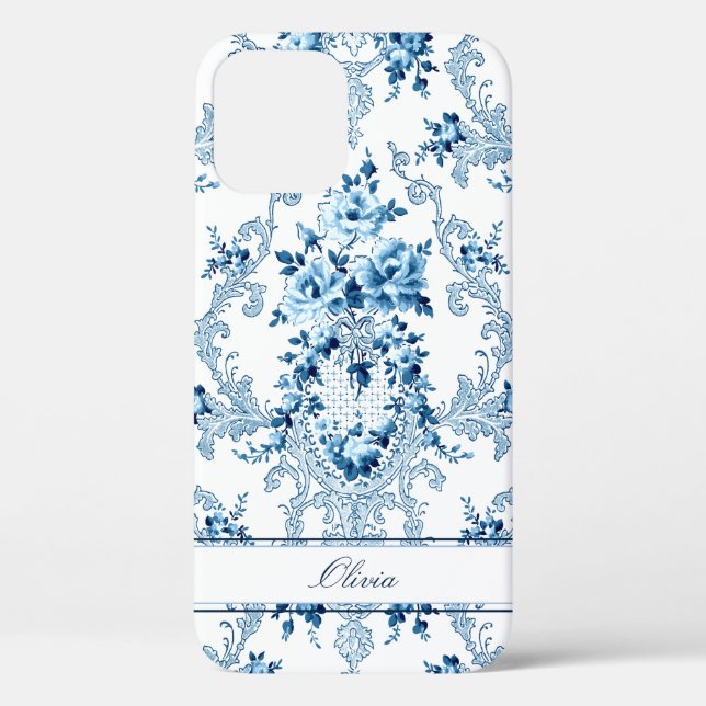 Personalized French Rococo Blue & White Floral Case-Mate iPhone Case (Back)