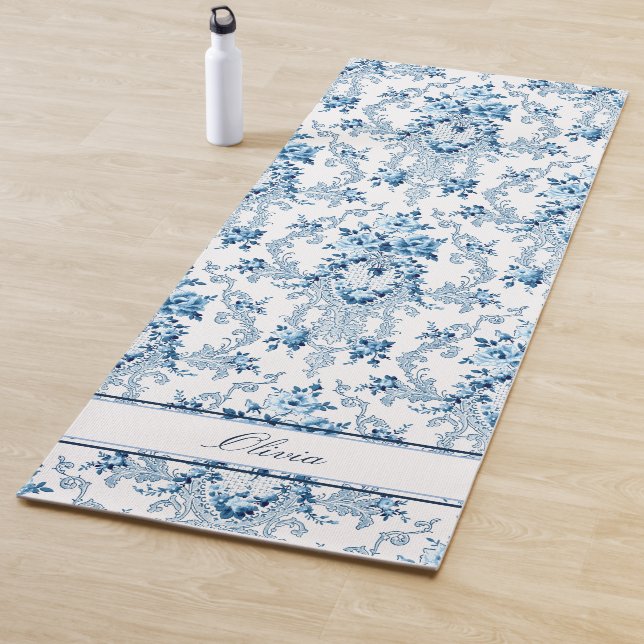 Personalized French Rococo Blue & White Floral Yoga Mat (In Situ)