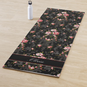 Personalized French Rococo Floral-Black Background Yoga Mat
