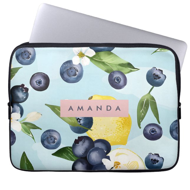 Personalized Fresh Blueberry Lemon Watercolor Laptop Sleeve (Front)