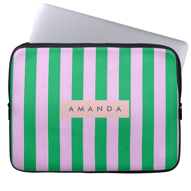 Personalized Fresh Green and Pink Striped Retro Laptop Sleeve (Front)