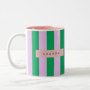 Personalized Fresh Green and Pink Striped Retro Two-Tone Coffee Mug