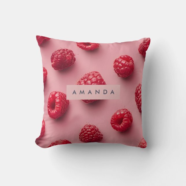 Personalized Fresh Raspberry Pattern on Pink Throw Pillow (Front)