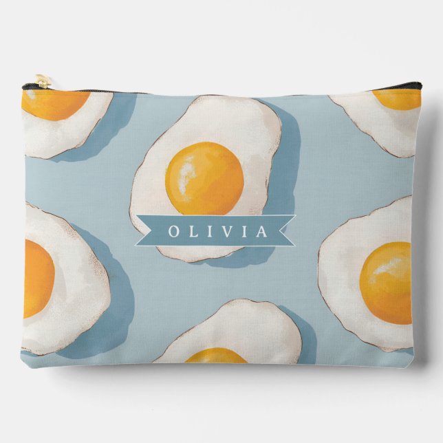 Personalized Fried Egg Pattern Fun Blue Funny Accessory Pouch (Front)