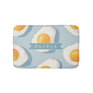 Personalized Fried Egg Pattern Fun Blue Funny  Bath Mat