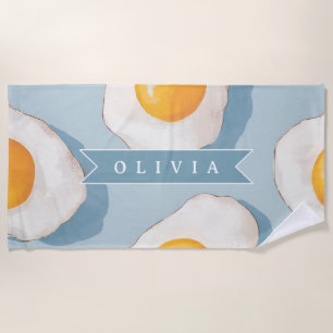 Personalized Fried Egg Pattern Fun Blue Funny  Beach Towel