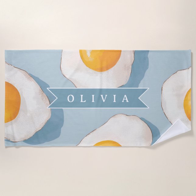 Personalized Fried Egg Pattern Fun Blue Funny  Beach Towel (Front)