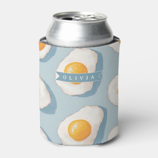 Personalized Fried Egg Pattern Fun Blue Funny Can Cooler (Can Front)