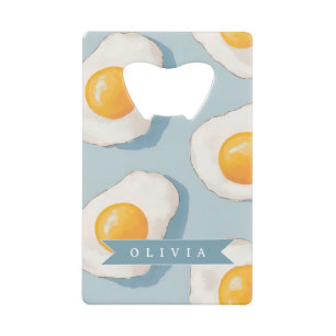 Personalized Fried Egg Pattern Fun Blue Funny Credit Card Bottle Opener
