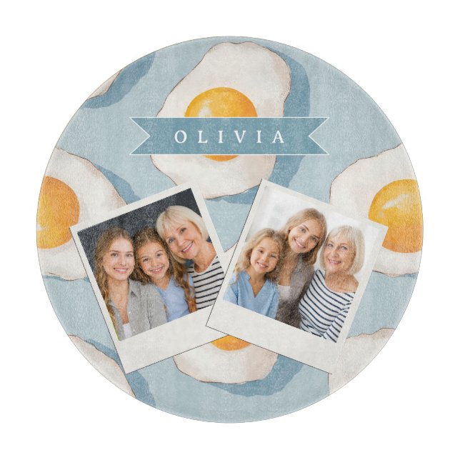 Personalized Fried Egg Pattern Fun Blue Funny Cutting Board (Front)