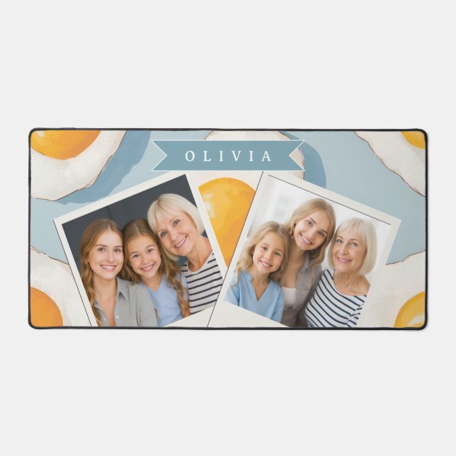 Personalized Fried Egg Pattern Fun Blue Funny Desk Mat (Front)