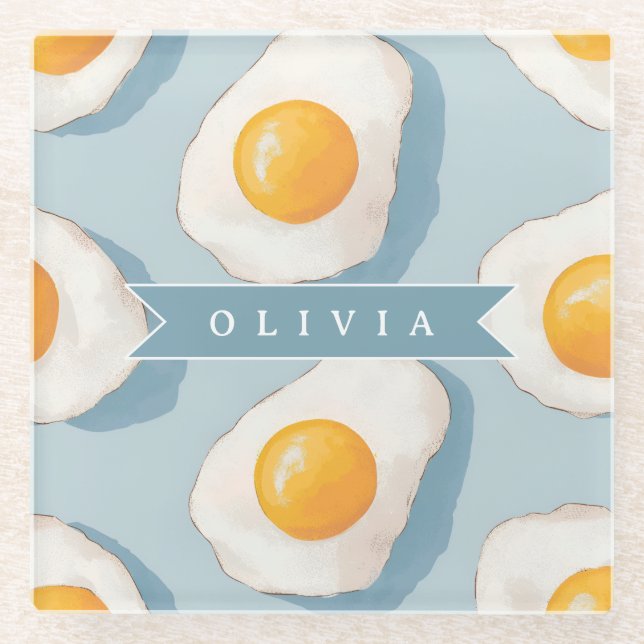 Personalized Fried Egg Pattern Fun Blue Funny  Glass Coaster (Front)