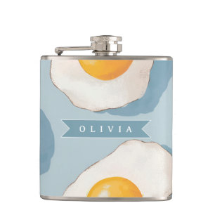 Personalized Fried Egg Pattern Fun Blue Funny Hip Flask