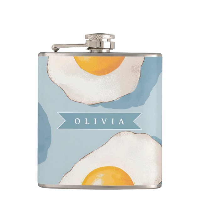 Personalized Fried Egg Pattern Fun Blue Funny  Hip Flask (Front)